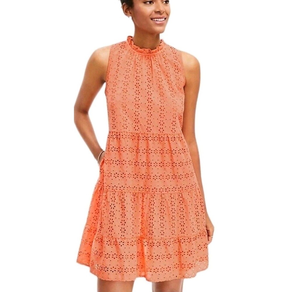 Ann Taylor LOFT | XS | Lively Coral Eyelet Tiered Swing Ruffle Cotton Mini Dress